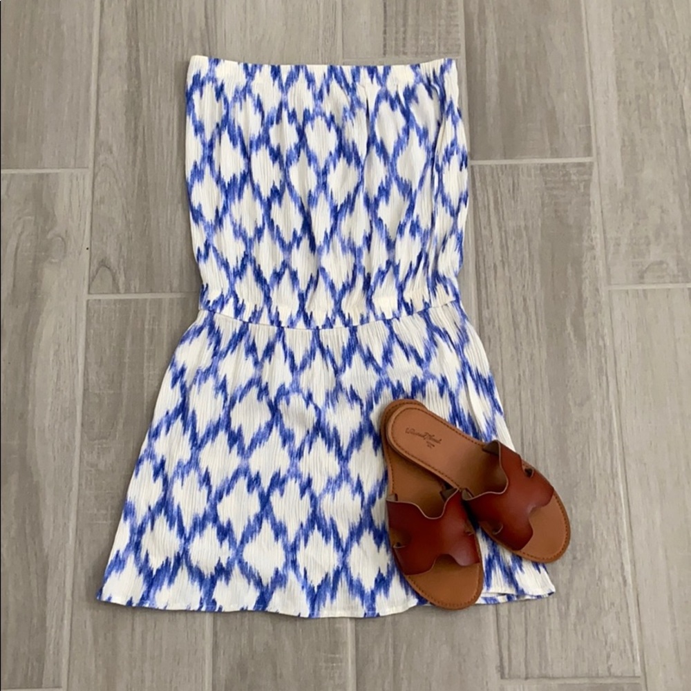 Forever 21 boho blue white strapless mini dress large NWT